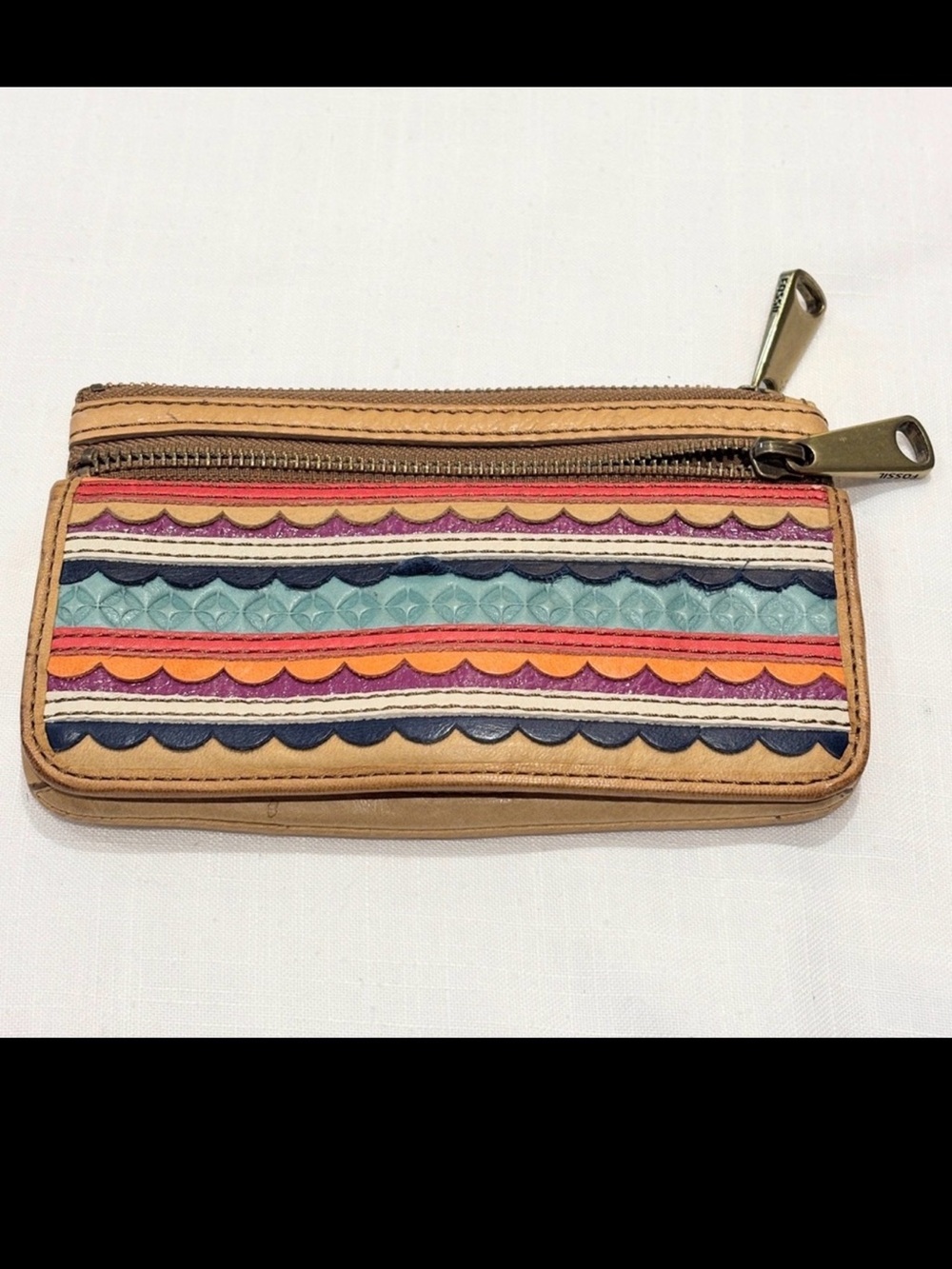Vintage Fossil Explorer Flap Leather Clutch Wallet Striped Card Slots ID Window